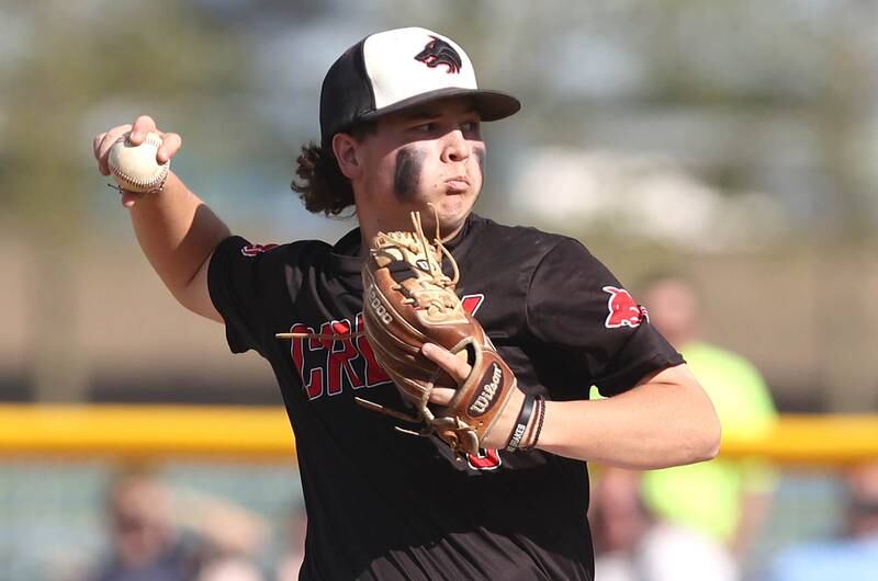 Indian Creek's Sam Genslinger delivers a pitch Monday, May 16, 2022, at Hinckley-Big Rock High School during the play-in game to decide who will advance to participate in the Class 1A Somonauk Regional.