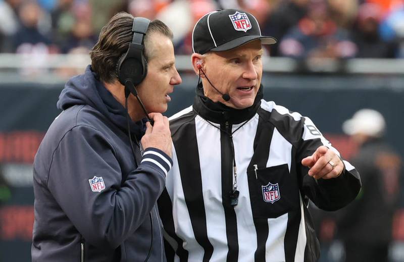 Chicago Bears Head Coach Matt Eberflus talks to an official during their game against the Detroit Lions Sunday, Dec. 10, 2023 at Soldier Field in Chicago.