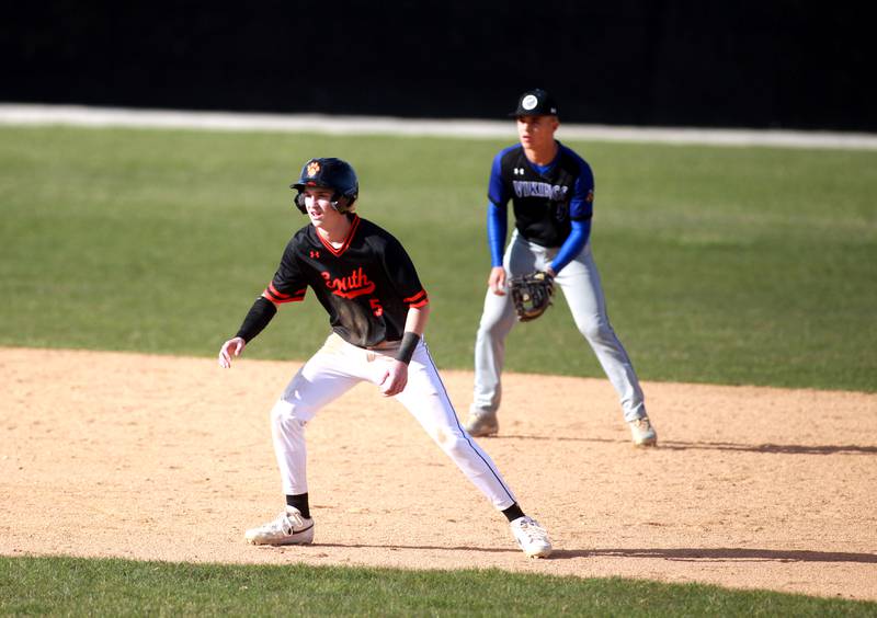 Wheaton Warrenville South's Reece Franks leads off from second base during a game against Geneva on Monday April 14, 2025 in Wheaton.