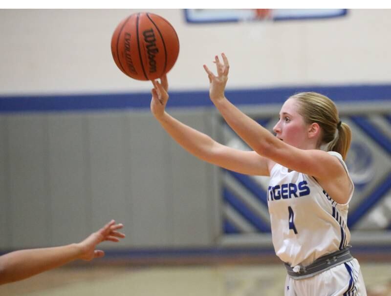 Princeton's Paige Jesse shoots a shot against Putnam County during the Princeton High School Lady Tigers Holiday Tournament on Thursday, Nov. 16, 2023 at Prouty Gym.