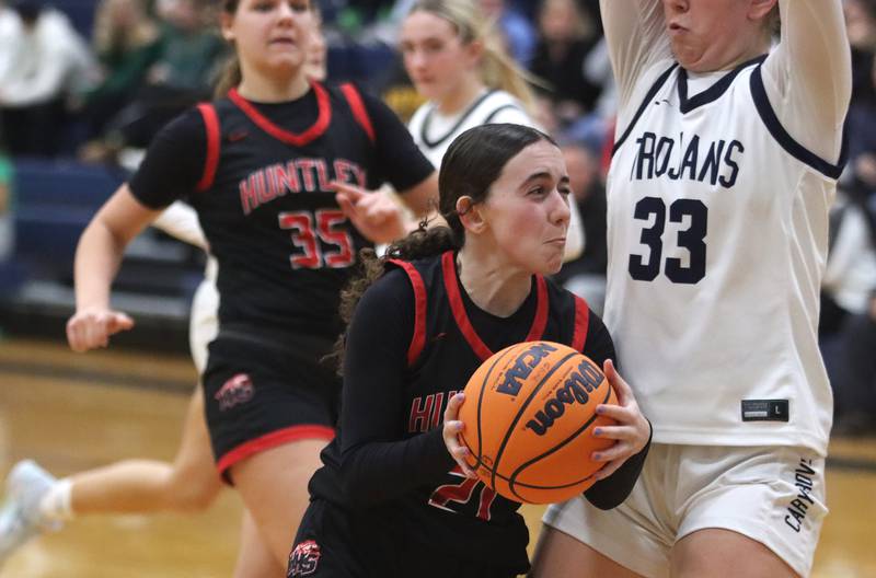 Huntley’s Luca Garlin cruises to the hoop in varsity girls basketball on Friday, Jan. 24, 2025, at Cary-Grove High School in Cary.