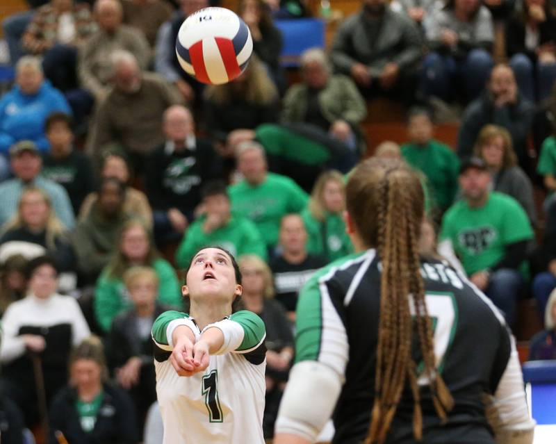 Rock Falls libero Carli Kobbeman bumps the ball in play against Illinois Valley Central during the Class 2A Sectional final game on Wednesday, Nov. 1, 2023 at Princeton High School.