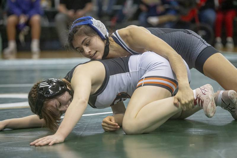 Eliana Paramo of Joliet Central High School looks to pin Ashlyn Strenz of Sandwich High School. Paramo would go on win the sectional championship at Geneseo High School on February 10, 2024.