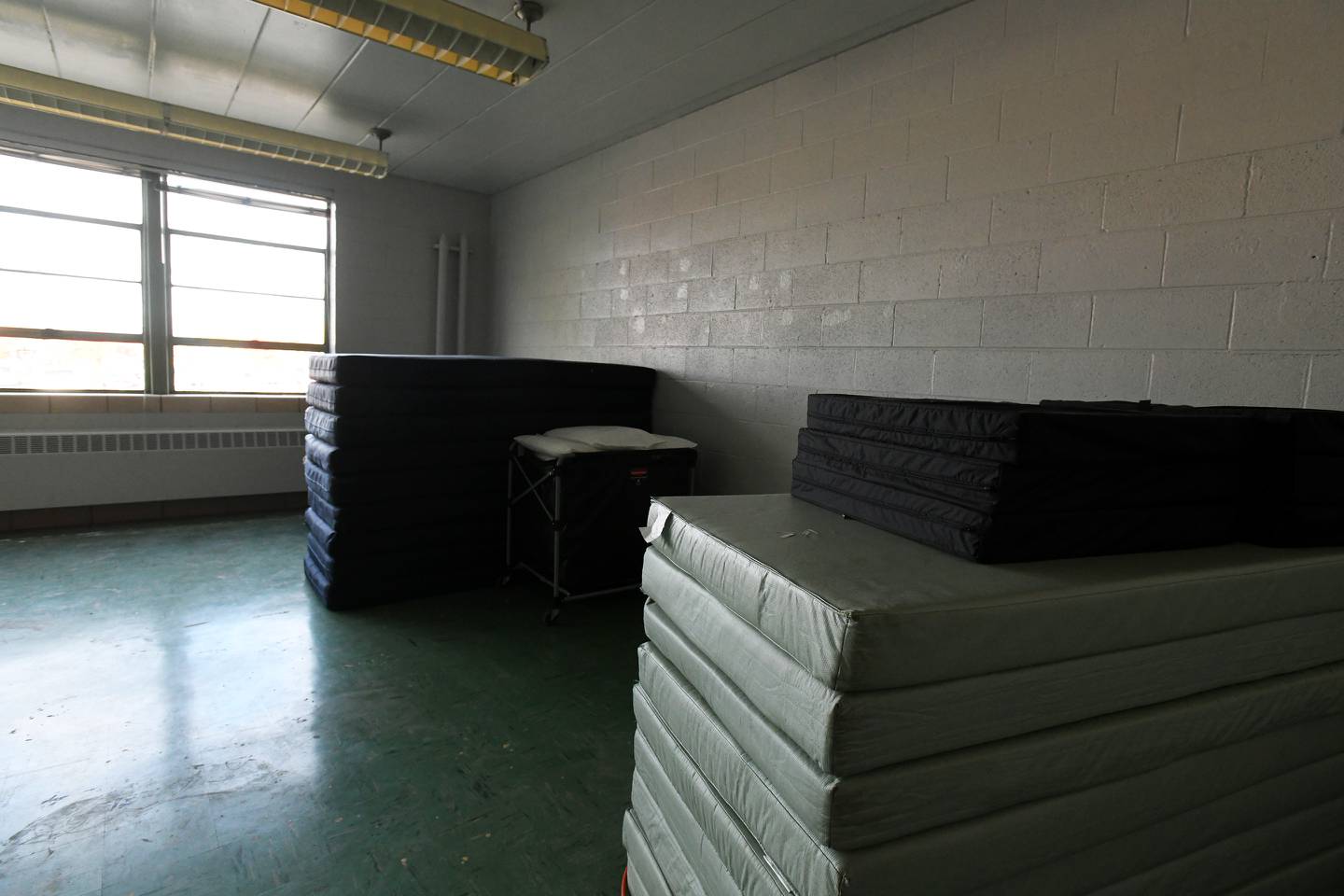 Sleeping pads and pillows await shelter guests in October 2020 at St. Paul’s Lutheran School in Kankakee, one of Fortitude Community Outreach’s then-weekly shelter sites.
