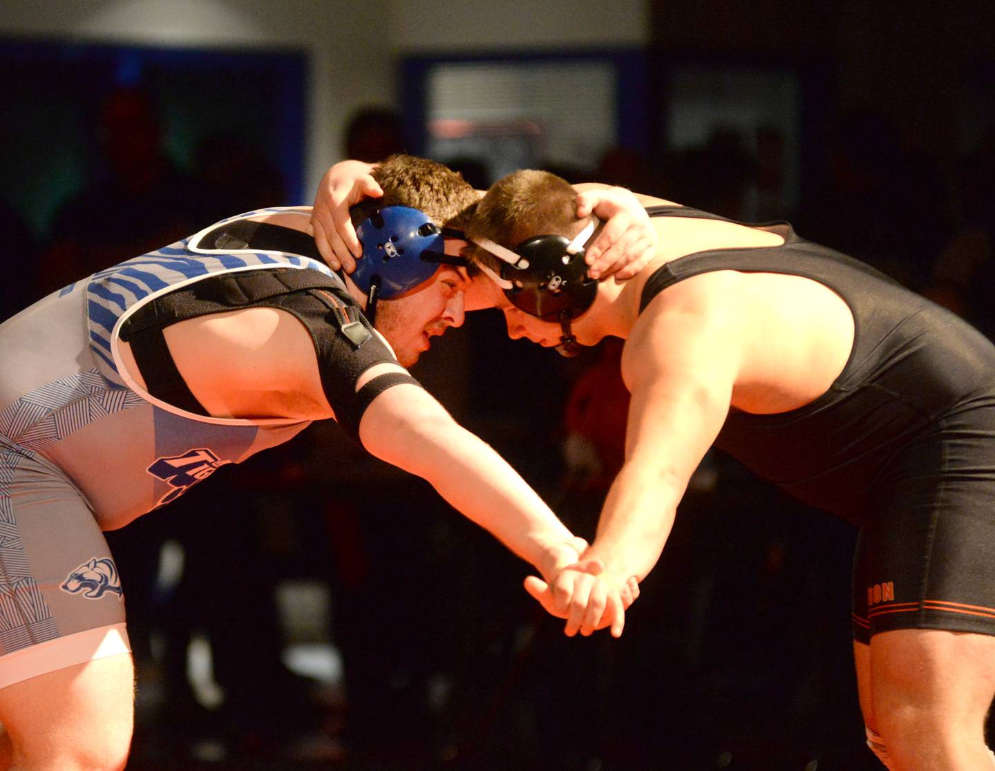 Princeton’s Cade Odell (left) and Byron’s Jared Claunch wrestle for third place at 285 pounds at the 1A Oregon Regional on Saturday, Feb. 15, 2025.