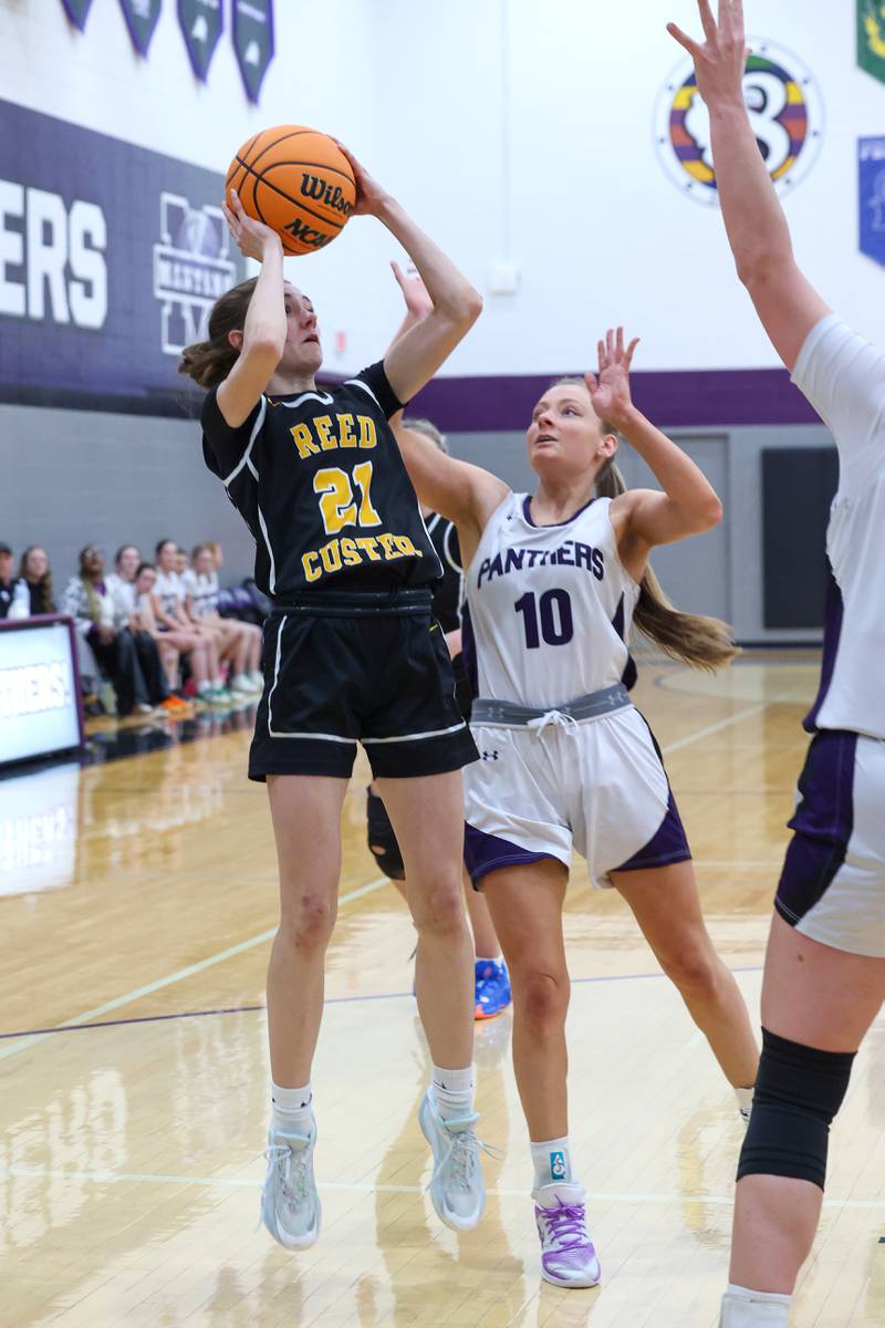 Reed-Custer's Alyssa Wollenzien looks to shoot under pressure from Manteno's Alyssa Singleton during Reed-Custer's 45-42 victory over Manteno on Monday, Feb. 2, 2026.