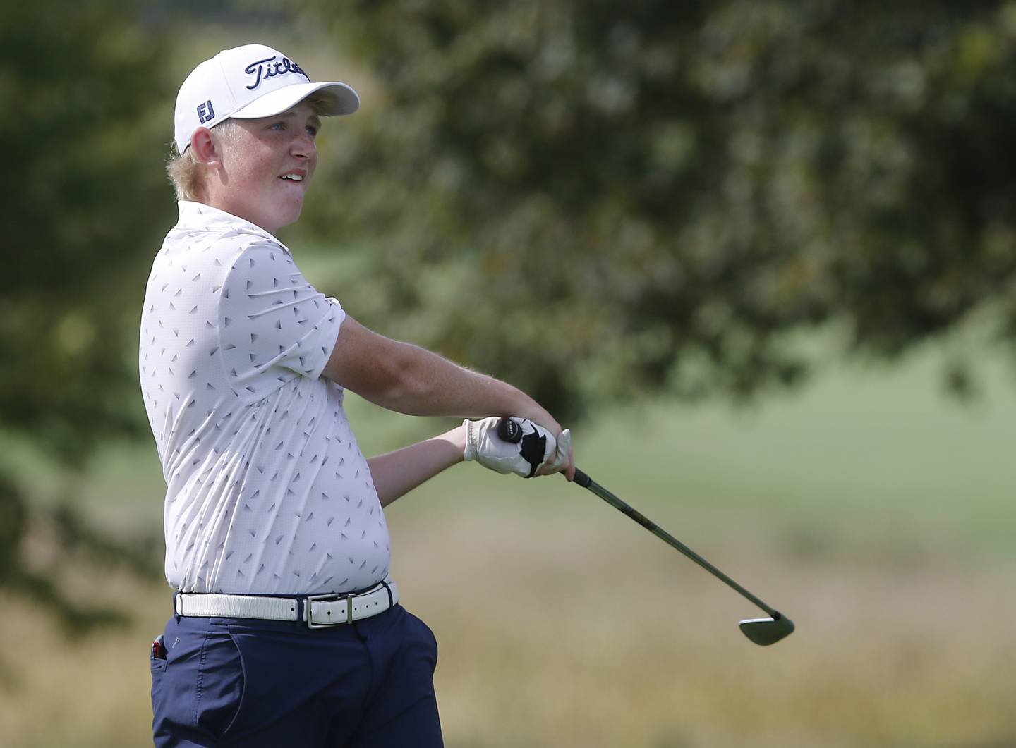 Rochelle's Ian Metzger watches his fairway shot on the 18th hole during the IHSA Class 2A Crystal Lake South Boys Golf Regional on Wednesday, Oct. 1, 2025 at RedTail Golf Club in Lakewood.