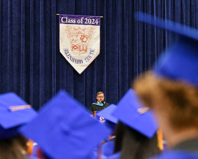 Glenbard South Assistant Principal Mr. Sean Byrne addresses the graduating class and recognizes those who received Scholarships and Honors Awards during graduation held at Glenbard South High School on Thursday May 23, 2024.