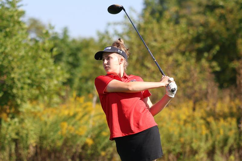 Bradley Bourbonnais' Claire Steinacker watches her drive off the 12th hole in the 2A Rich Township Regional girls golf tournament on Tuesday, Sept. 30, 2025 in University Park.