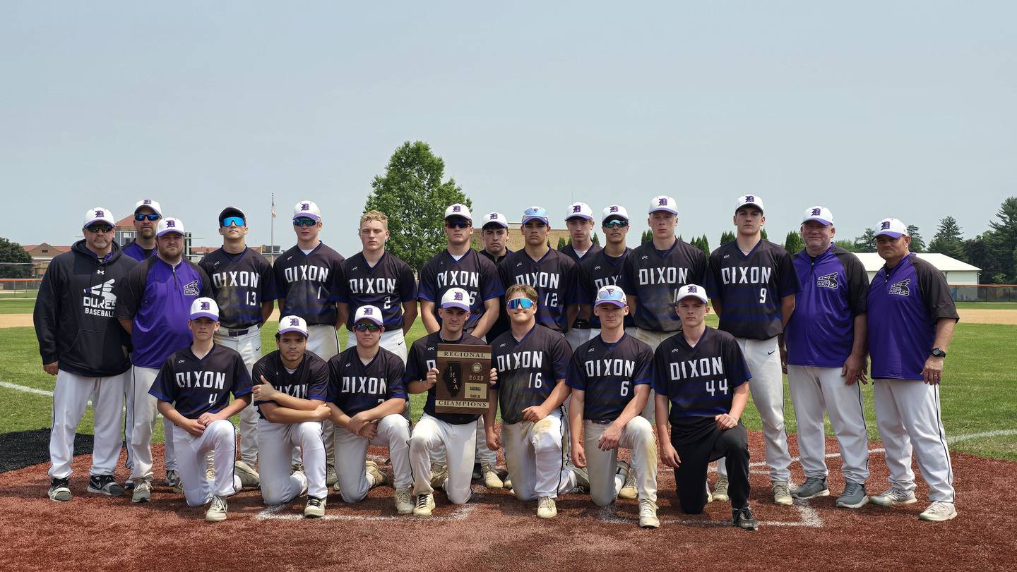 The Dixon baseball team is pictured after beating Sterling 10-2 to win the Class 3A Freeport Regional title game.
