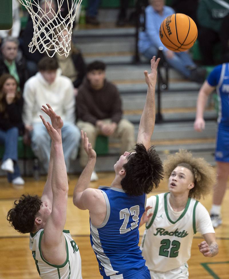 Princeton’s Noah LaPorte works the below the basket against Rock Falls Saturday, Jan. 4, 2025, at the Rock Falls Shootout.