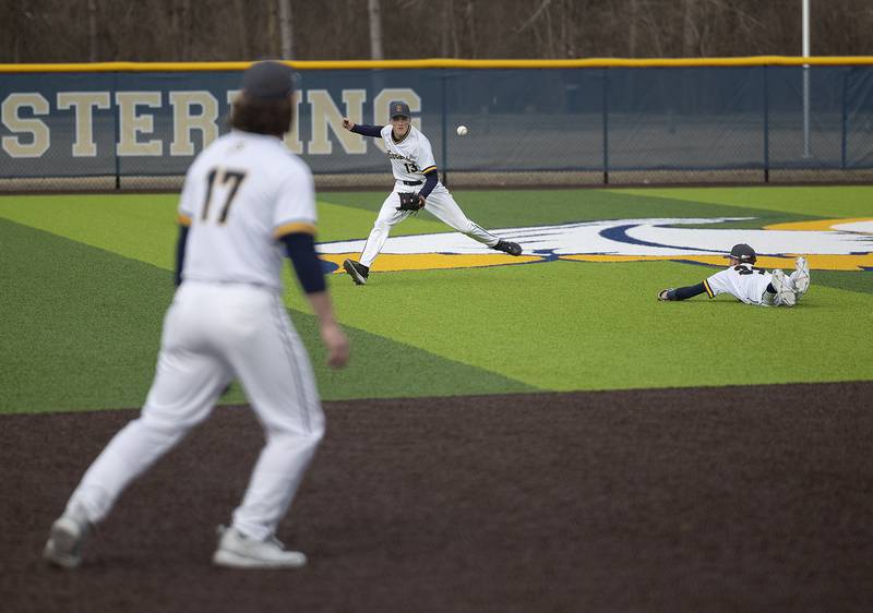 Sterling outfielder Wyatt Cassens fields a ball that dropped between defenders against Newman Tuesday, March 18, 2025.