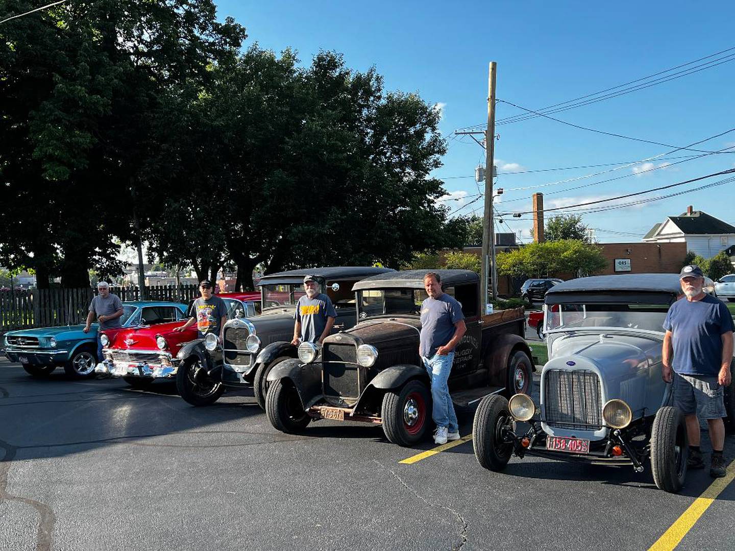 The weekly gathering of vintage car enthusiasts includes, from left, Mike Berogam, 71 of Dixon and his 1964 Ford Mustang, Steve Ketchum, 67 of Amboy and his 1956 Chevy Nomad wagon, Jim Ross, 73, of Grand Detour and his Ford Model A truck, Larry Ellingsen, 71 of Elmhurst and his Ford Model A truck; and Al Reece, 72, of Dixon and his 1929 Ford Model A truck.