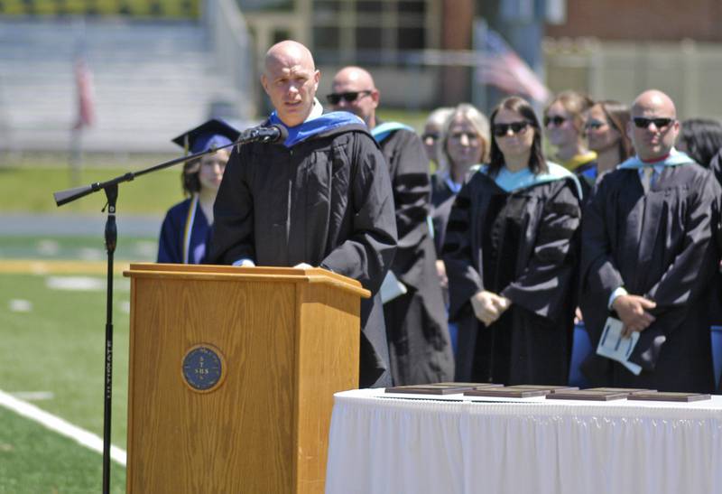 SHS Principal Jason Austin addresses the crowd. The Sterling Class of 2025 Commencement Ceremony was held on Sunday, May 18, 2025 at Roscoe Eades Field in Sterling.