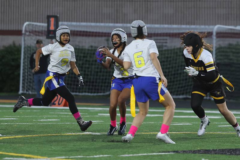 Joliet Central’s Araceli Gutierrez Correa intercepts a pass against Joliet West on Wednesday, Oct. 2, 2024 in Joliet.