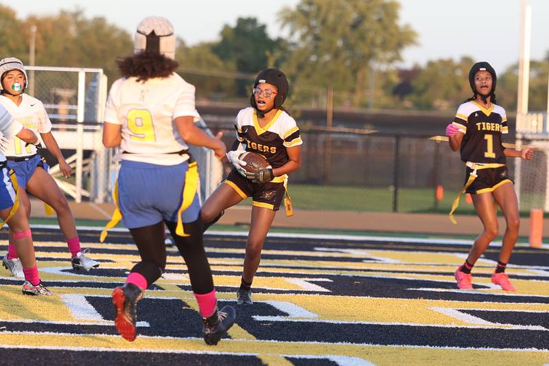 Joliet West’s London Clemons puts in the two point conversion pass against Joliet Central on Wednesday, Oct. 2, 2024 in Joliet.