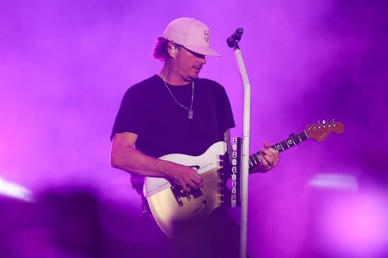 Tom DeLonge of Blink-182 performs at Lollapalooza on Sunday, Aug. 4, 2024 in Chicago.