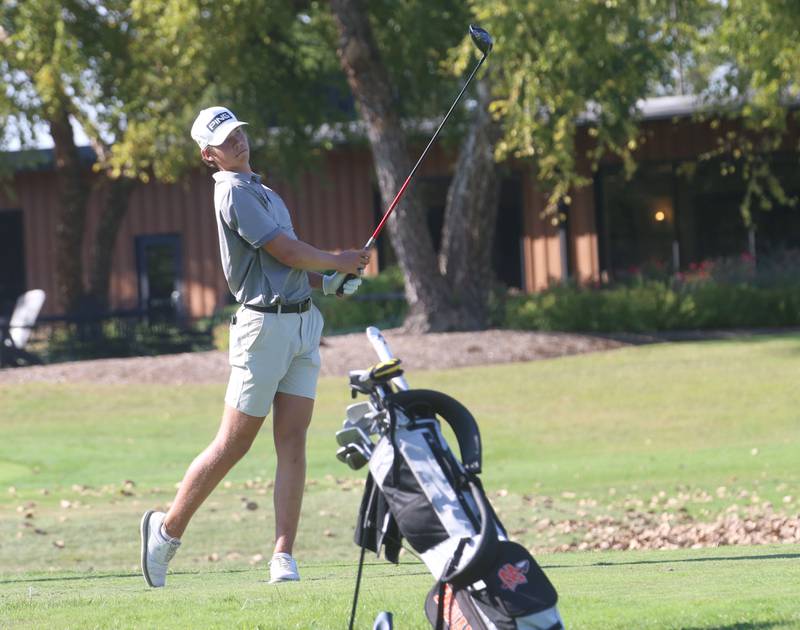 Streator's Brennen Stillwell tees off during the Pirate Invitational on Monday, Sept. 15, 2025 at Deer Park Golf Club in Oglesby.