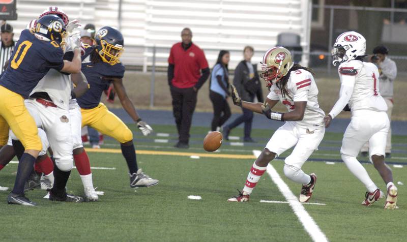 Urban Prep's Kaleb Hayden fumbles the football. The Lions of Urban Prep traveled to Sterling to take on the Warriors at Prescott Memorial Field at Roscoe Eades Stadium, September 5, 2025.