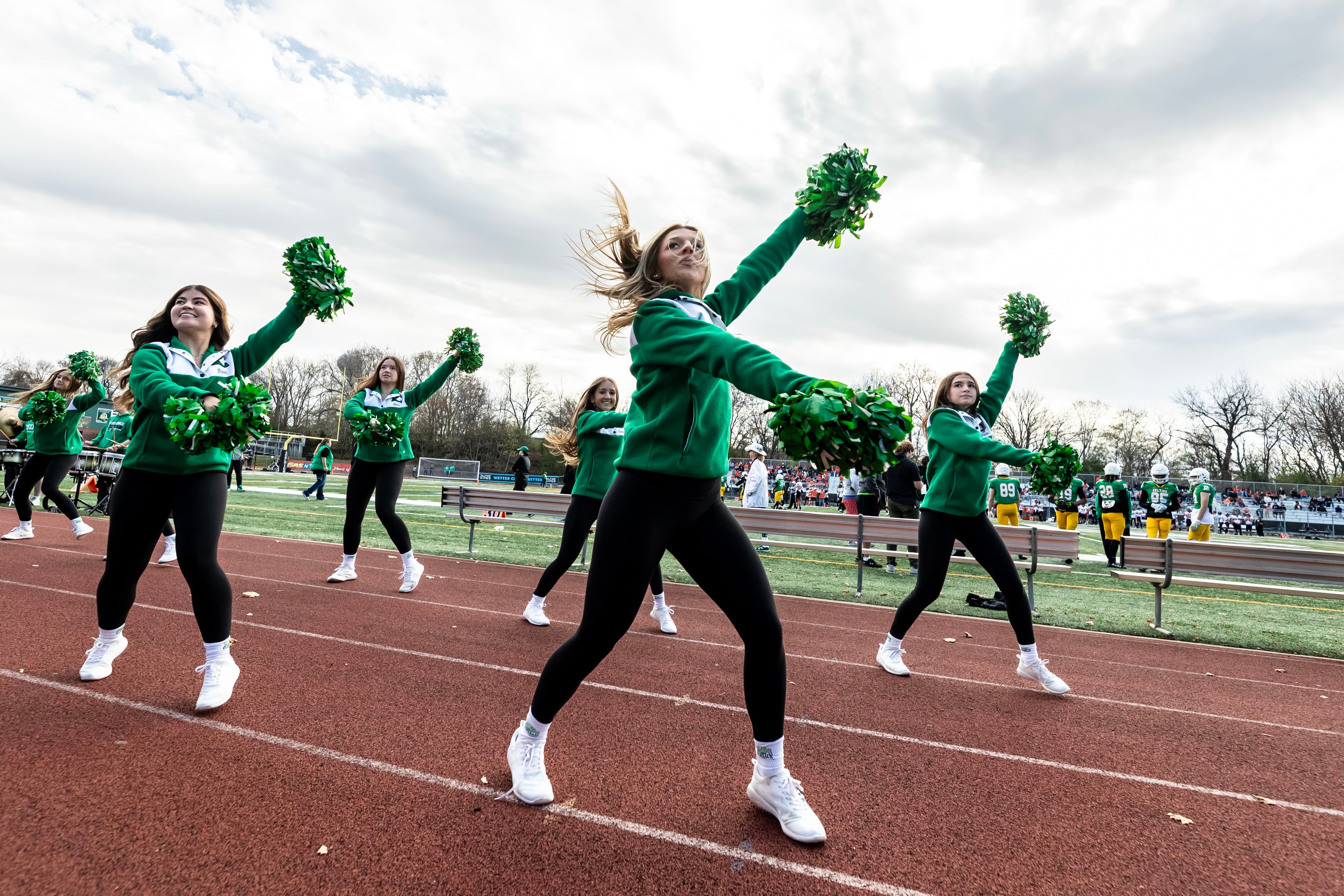 Providence’s varsity dance team shares school spirit during a 5A varsity football playoff game against Washington at Providence on Nov. 15, 2025.