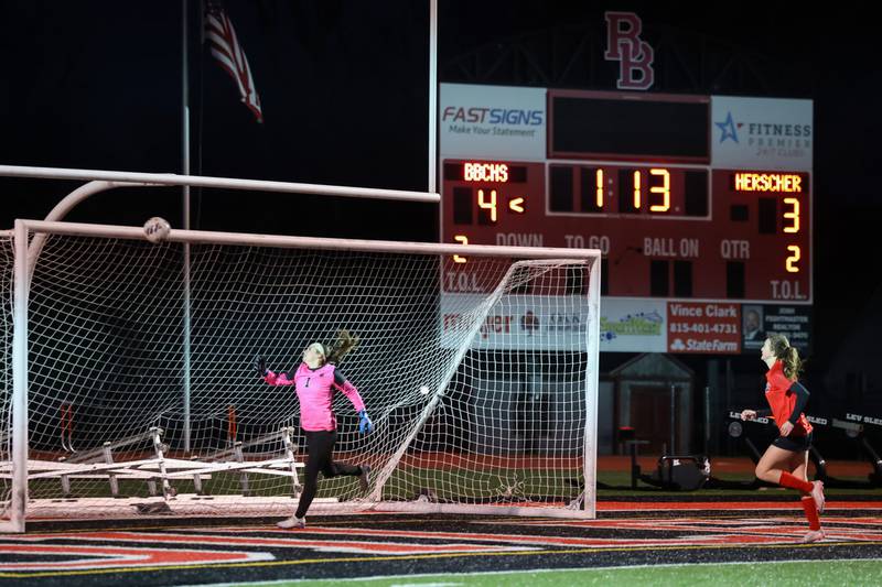 Bradley-Bourbonnais' Kali Andrews-Earling watches as a Herscher kick hits the crossbar late in the game during Bradley-Bourbonnais' 4-3 victory on Monday, April 6, 2026.