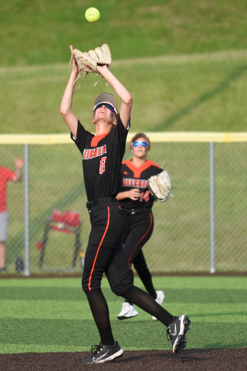Beecher's Elena Kvasnicka catches a pop up during the Class 2A East Peoria Super-Sectional against Brimfield Monday, June 2, 2025.