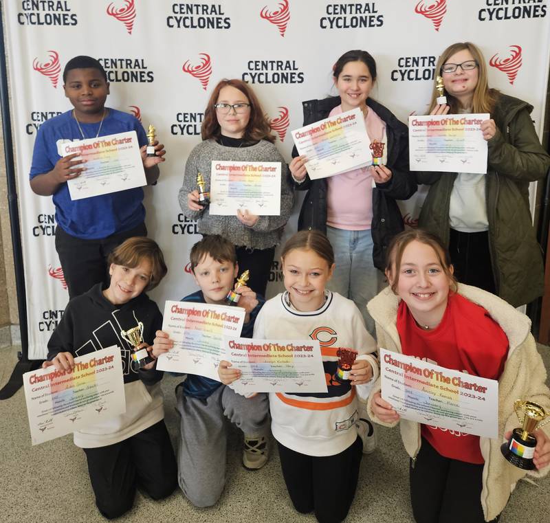 Fifth grade Central Intermediate School January 2024 Champions of the Charter are (back) Kendrick C., Serene H., Bryan W., Dakota B. (front) Aiden G., Noah R., Jocelyn K. and Ainsley R.
