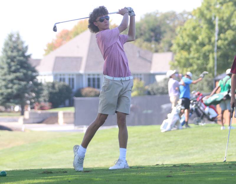 Yorkville's Carson Hogan tees off during the Pirate Invitational on Monday, Sept. 15, 2025 at Deer Park Golf Club in Oglesby.