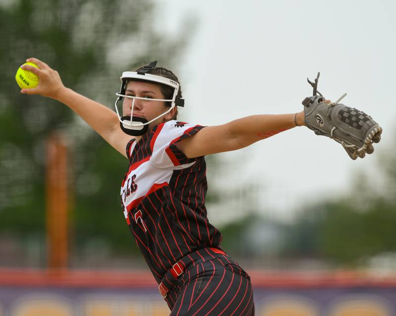 Yorkville's Peyton Levine (7) pitches during the sectional semifinal game on Tuesday June 3, 2025, while taking on Oswego at Oswego High School.
