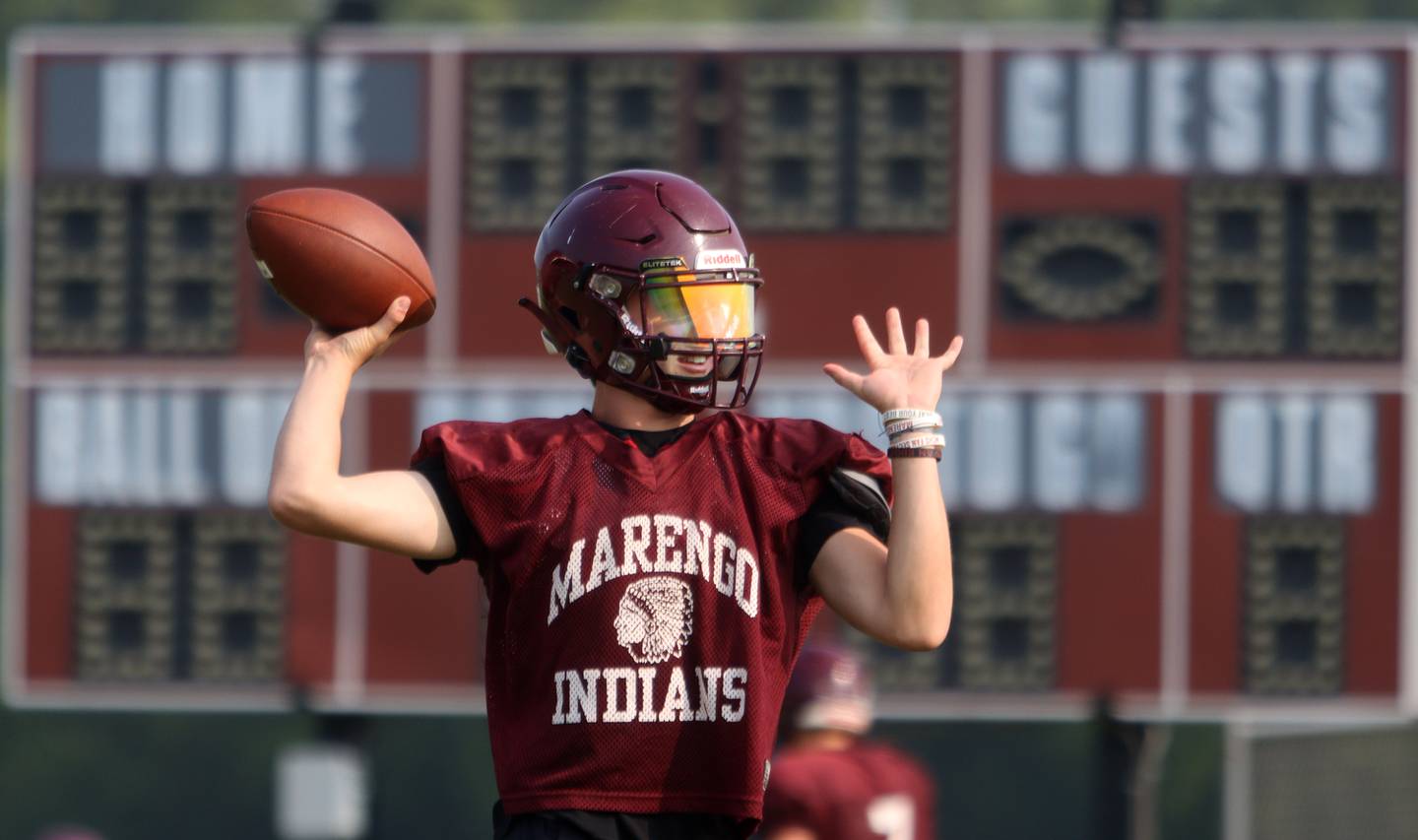 David Lopez throws the ball during Marengo High School football practice Tuesday morning.