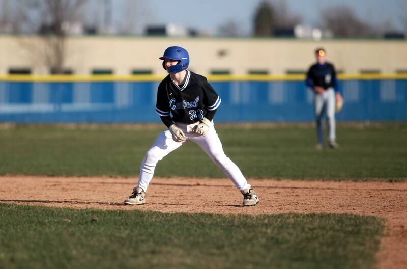 Burlington Central’s David Hintz leads off from second base as a courtesy runner during a game against St. Charles East on Tuesday, April 8, 2025 at Burlington Central.