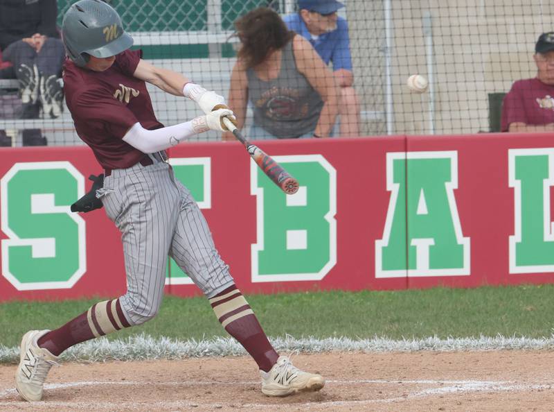Morris's Landon Norris makes contact against L-P on Friday, April 17, 2026 at Huby Sarver Field in the L-P Athletic Complex in La Salle.