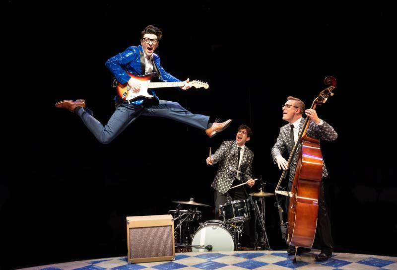 Buddy Holly (portrayed by Kieran McCabe, from left), Jerry Allison (Jed Feder) and Joe Maudlin (Shaun Whitley) in “Buddy – The Buddy Holly Story” at Marriott
