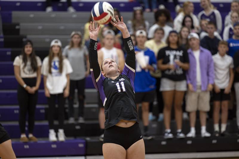 Dixon’s Presley Lappin sets the ball against North Boone Tuesday, Sept. 24, 2024, in Dixon.