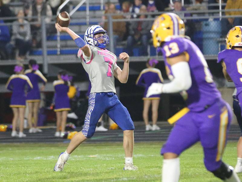 Princeton quarterback Gavin Lanham lets go of a throw against Mendota on Friday, Oct. 10, 2025 at Bryant Field in Princeton.