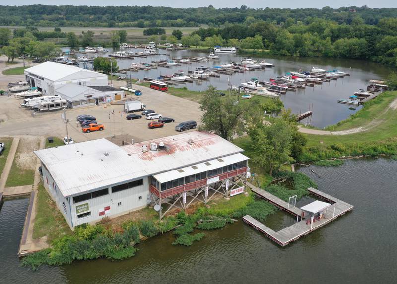An aerial view Captain's Cove and Starved Rock Marina on Wednesday, Aug. 14, 2024 in Ottawa. The restaurant went on the market on Aug. 2, 2024. is for sale is for sale in Ottawa. The prices is listed at $565,000.