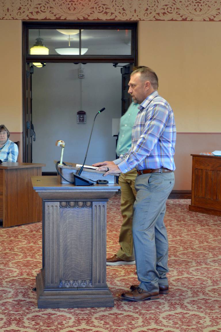 Byron Generating Station Manager Shane Harvey testifies before the Ogle County Zoning Board of Appeals on July 25, 2024, regarding Constellation Energy Generation's request to rezone 524 acres of land around the plant.