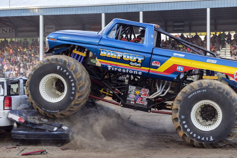 Bigfoot driver Roger Gauger hits his mark Thursday, August 17, 2023 during the Full Throttle Monster Truck show at the Whiteside County Fair.