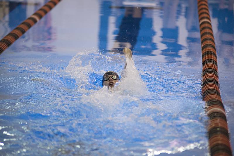 Sterling’s Luke Clark swims the backstroke in the 200 yard medley relay Tuesday, Jan. 18, 2022 in Byron.