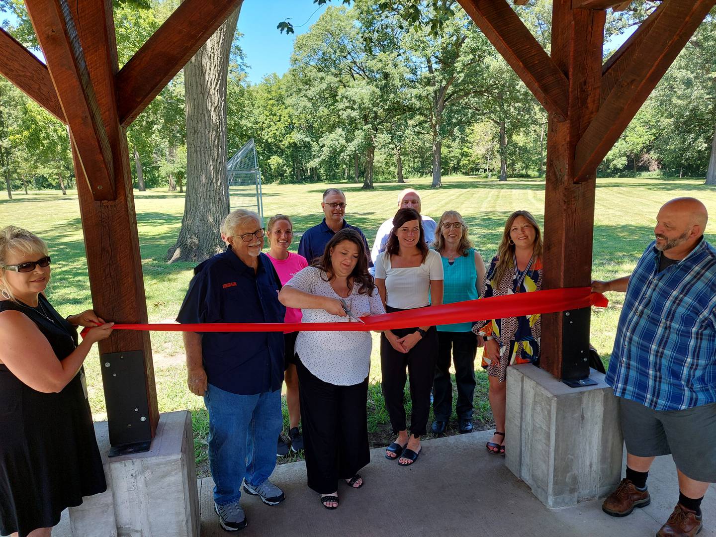 The Streator Area Chamber of Commerce led a ribbon cutting Thursday, July 27, 2023, dedicating the new picnic shelter at Marilla Park built by Streator High School students.