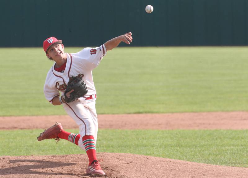 L-P pitcher Gavin Kallis lets go of a throw against Kaneland on Tuesday, May 13, 2025 at Huby Sarver Field at the L-P Athletic Complex in La Salle.