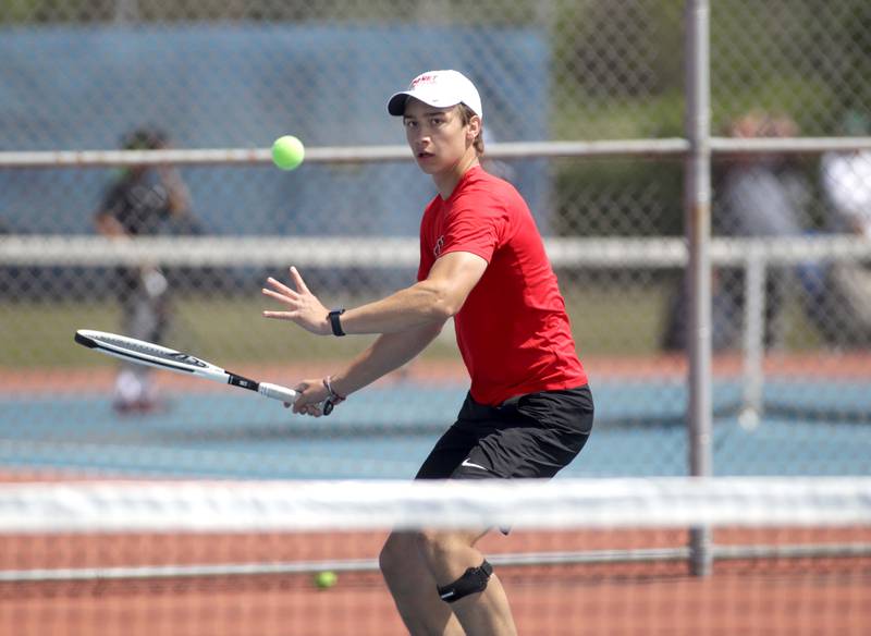 Benet’s Zach Bobofchak, along with doubles partner Hugh Davis (not pictured) competes in the Class 1A Boys State Tennis Meet at Hoffman Estates High School on Thursday, May 25, 2023.