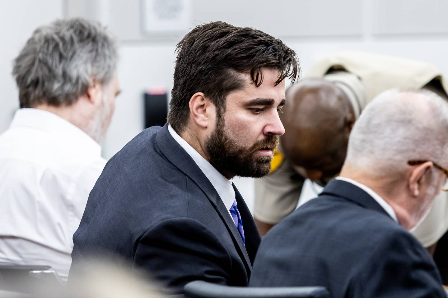 Defense attorney Colin "CJ" Haney is on-site at the Will County Courthouse for the trial of Patrick Gleason on Sept. 24, 2025.