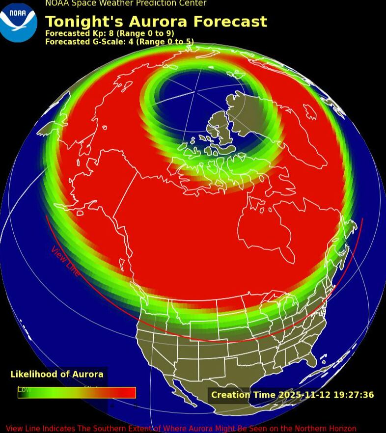 An updated northern lights forecast shows the view line farther south Nov. 12, 2025.