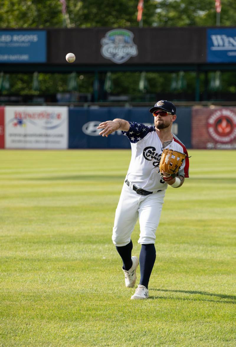 Outfielder Jimmy Kerrigan (3) warms up before a game against the Lake Country DockHounds at Northwestern Medicine Field on Saturday, July 2, 2022.