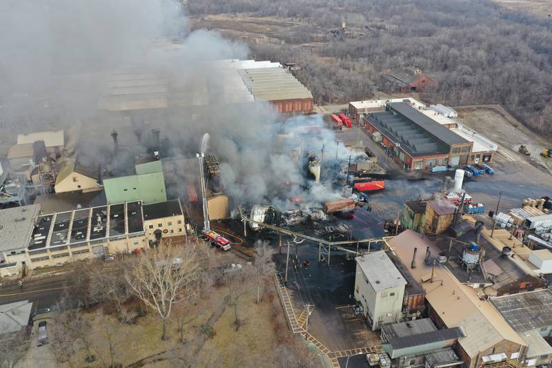 An aerial view of a massive fire at Carus Chemical Company on Wednesday, Jan. 11, 2023 in La Salle.