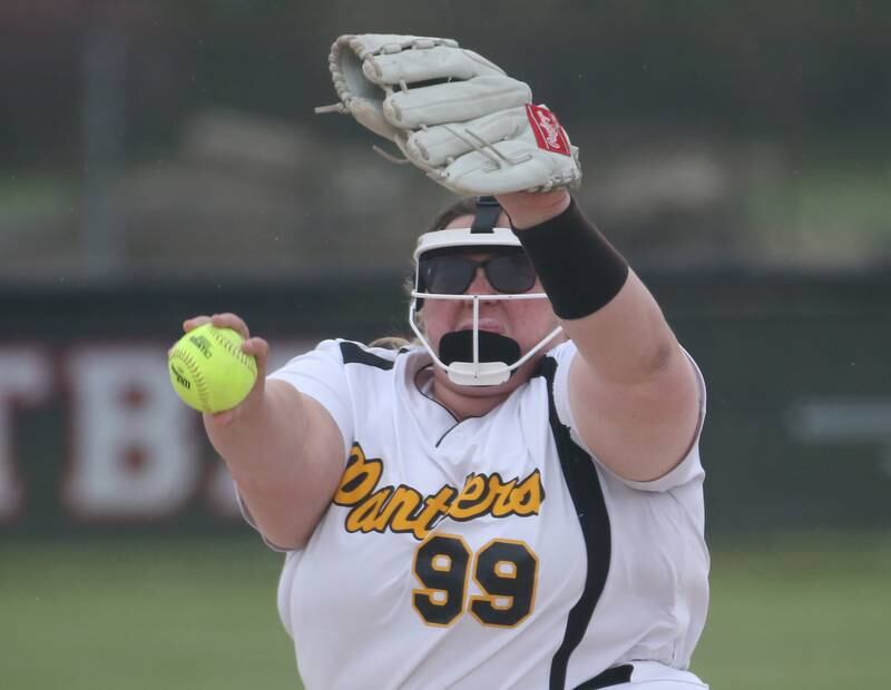 Putnam County's Kara Staley delivers a pitch against Flanagan-Cornell/Woodland on Tuesday, May 2, 2023 at Woodland High School.