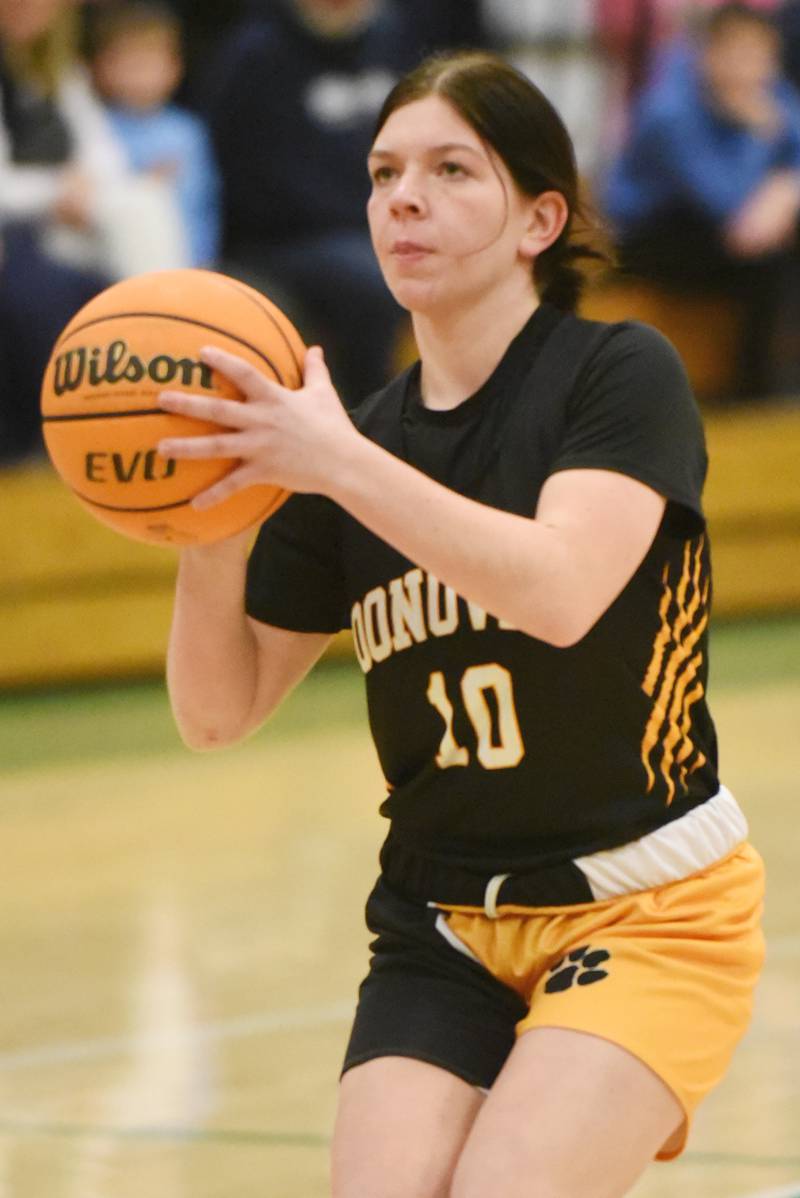 Donovan-St. Anne's Laylah Lou Walters shoots a 3-pointer during an IHSA Class 1A Dwight Regional semifinal against Dwight Monday, Feb. 17, 2025.