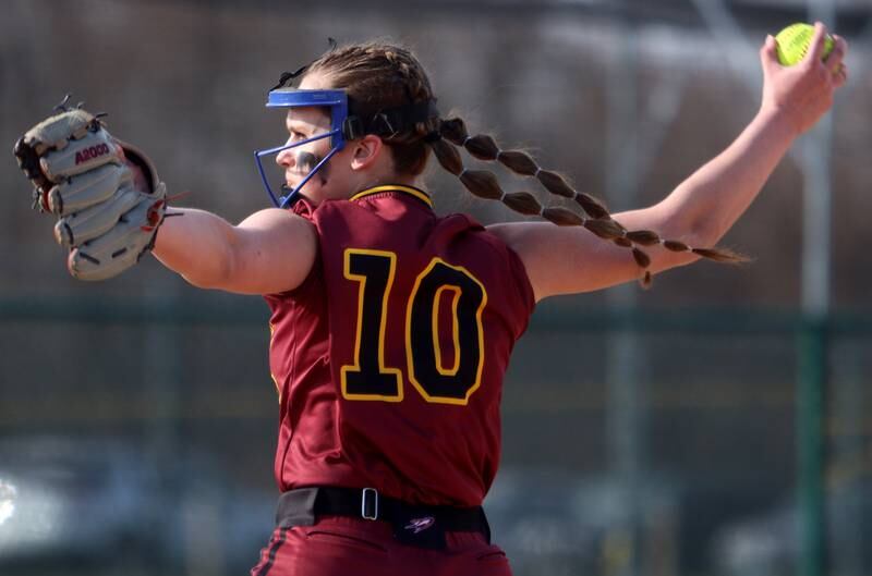 Richmond-Burton’s Hailey Holtz delivers in varsity softball at Marengo Tuesday.