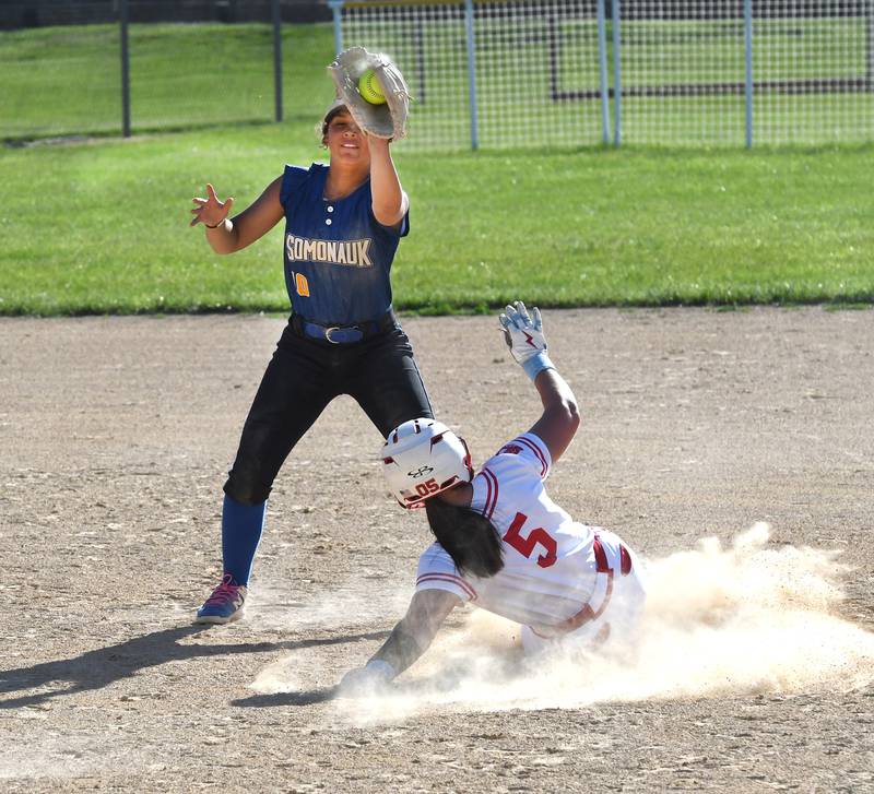 Oregon's Brooke Halverson slides safely into second as Somonauk's Brooke Bahrey looks to make the tag at the 2A Oregon Regional on Wednesday, May 20, 2026.